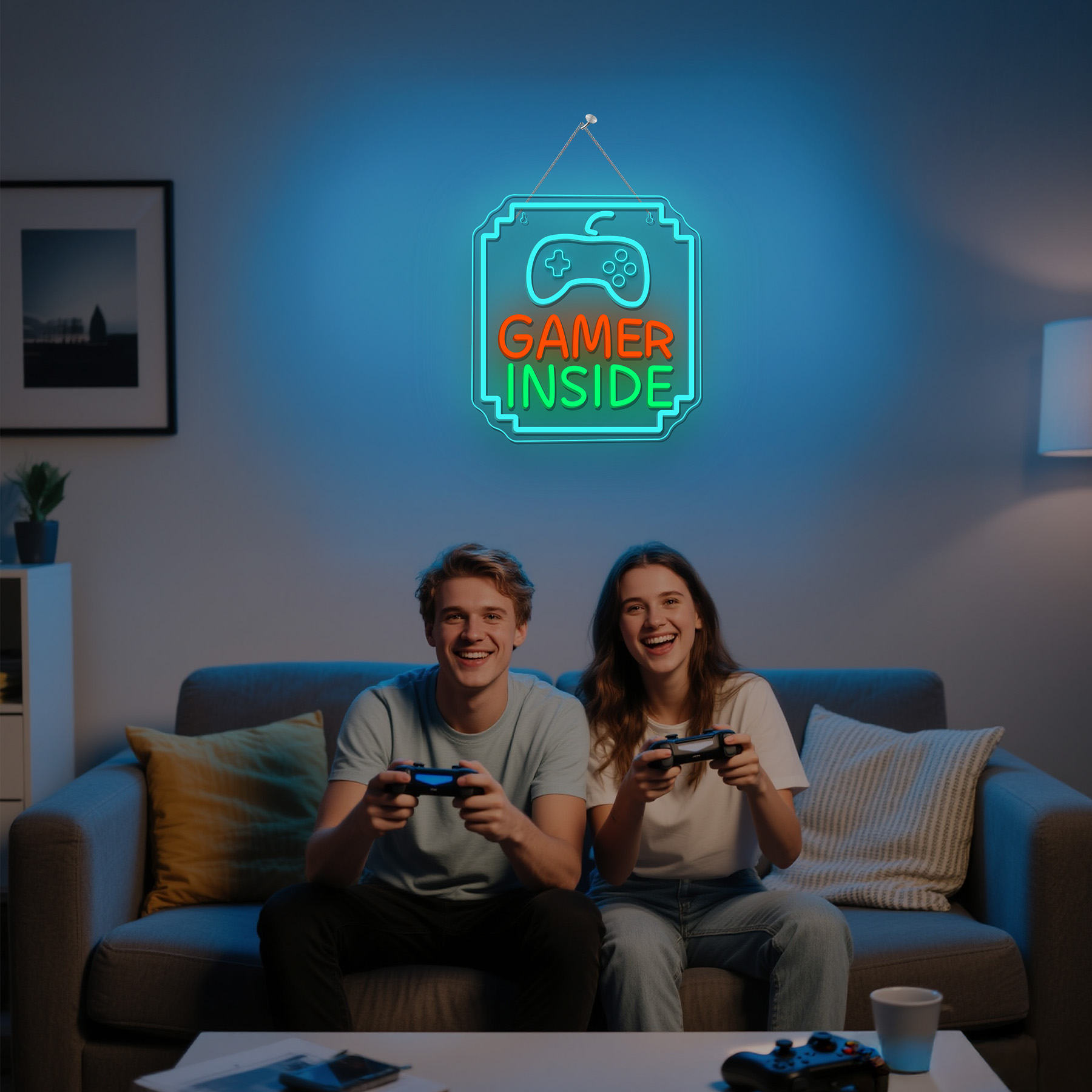 Bedroom Lighting Decor Ideas - Oyuncu İçeren Neon Tabela Kısılabilir Işıklı